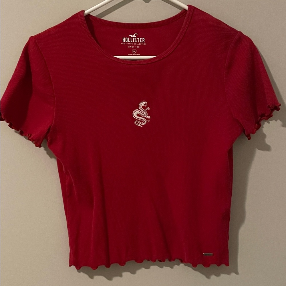 Hollister Red Ribbed Short Sleeve Tee with White Snake Embroidery